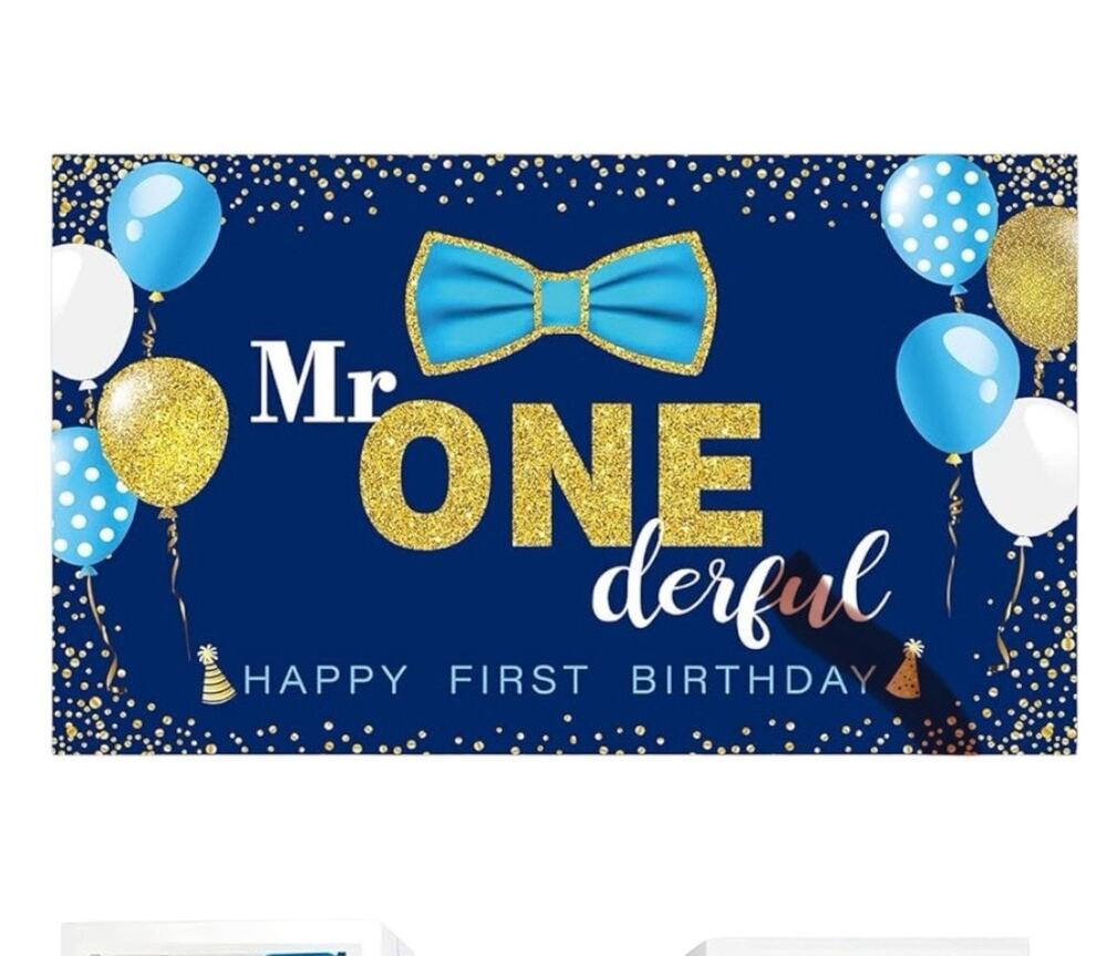 Mr. Onederful First Birthday Backdrop Banner Boys 1st Birthday Blue Gold Decor